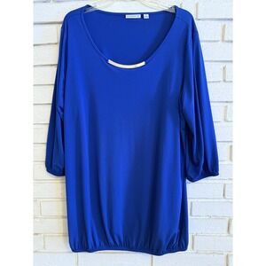 Susan Graver Liquid Knit Top w/Elastic Hem and Curved Bar Neck Detail Blue Sz 1X